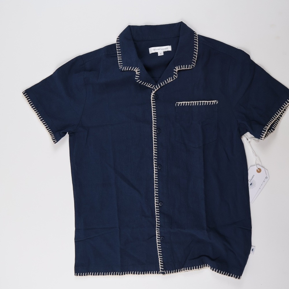 Vintage Summer Button Down Shirt Navy Blanket Stitch Small Cotton NWT